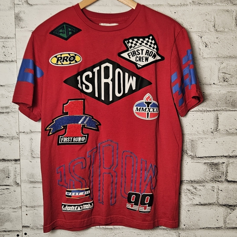 First Row Racing Graphic T Shirt Red Streetwear Patch Logo Tee Medium